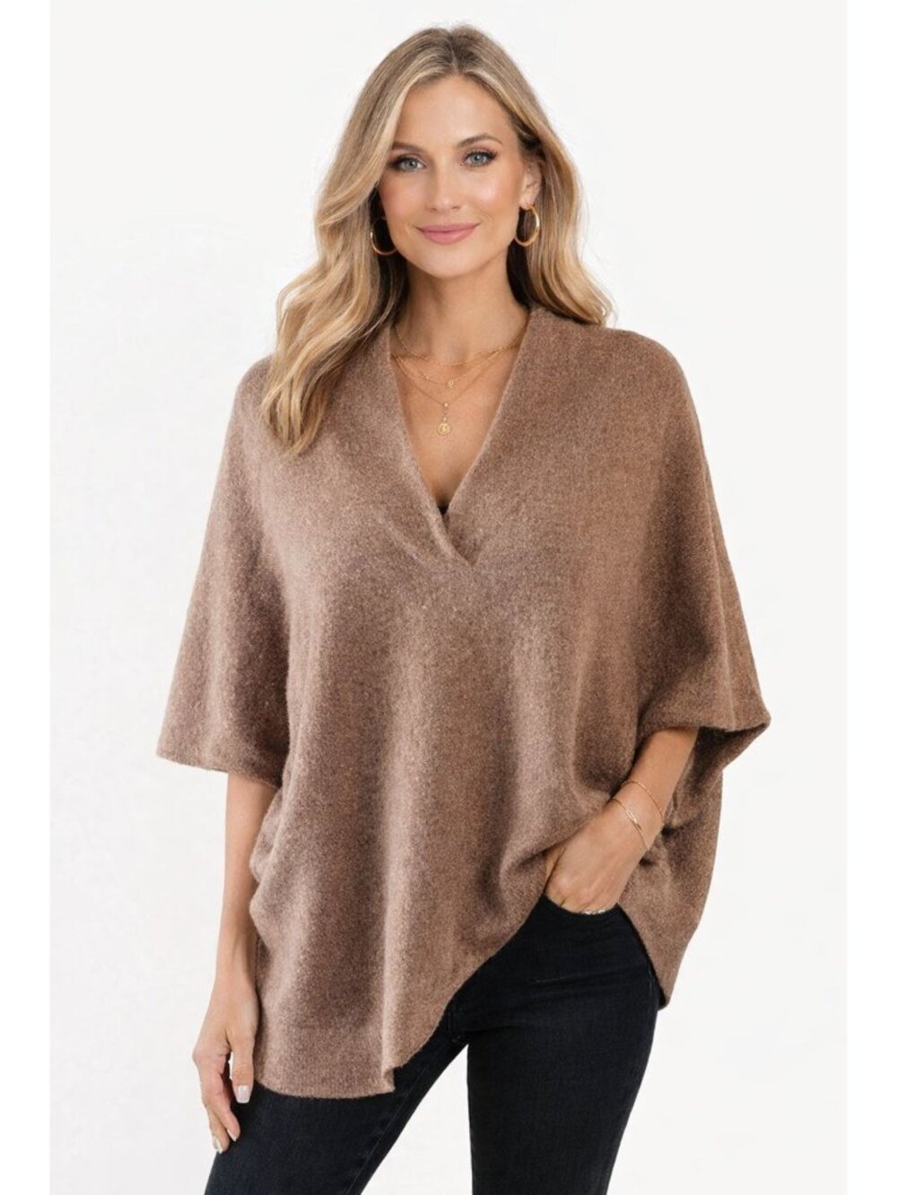 Pure Jill Wool Blend V-Neck Poncho Sweater Size L/XL Petite Lagenlook Minimalist
